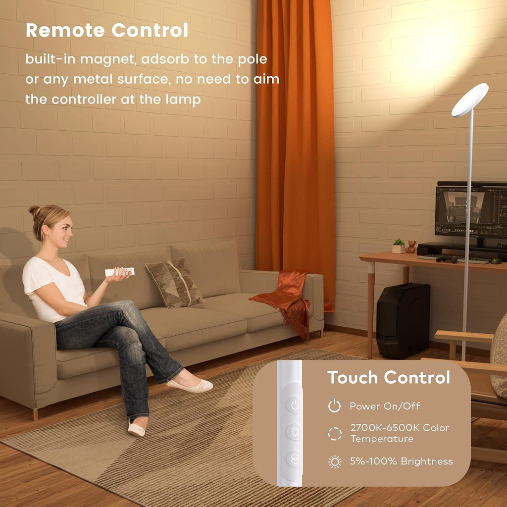 Floor Lamp, Bright 36W 3500LM Standing Lamp with Remote, 2700K Soft White to 6500K Cool White Adjustable, Touch Control Dimmable Torchiere…