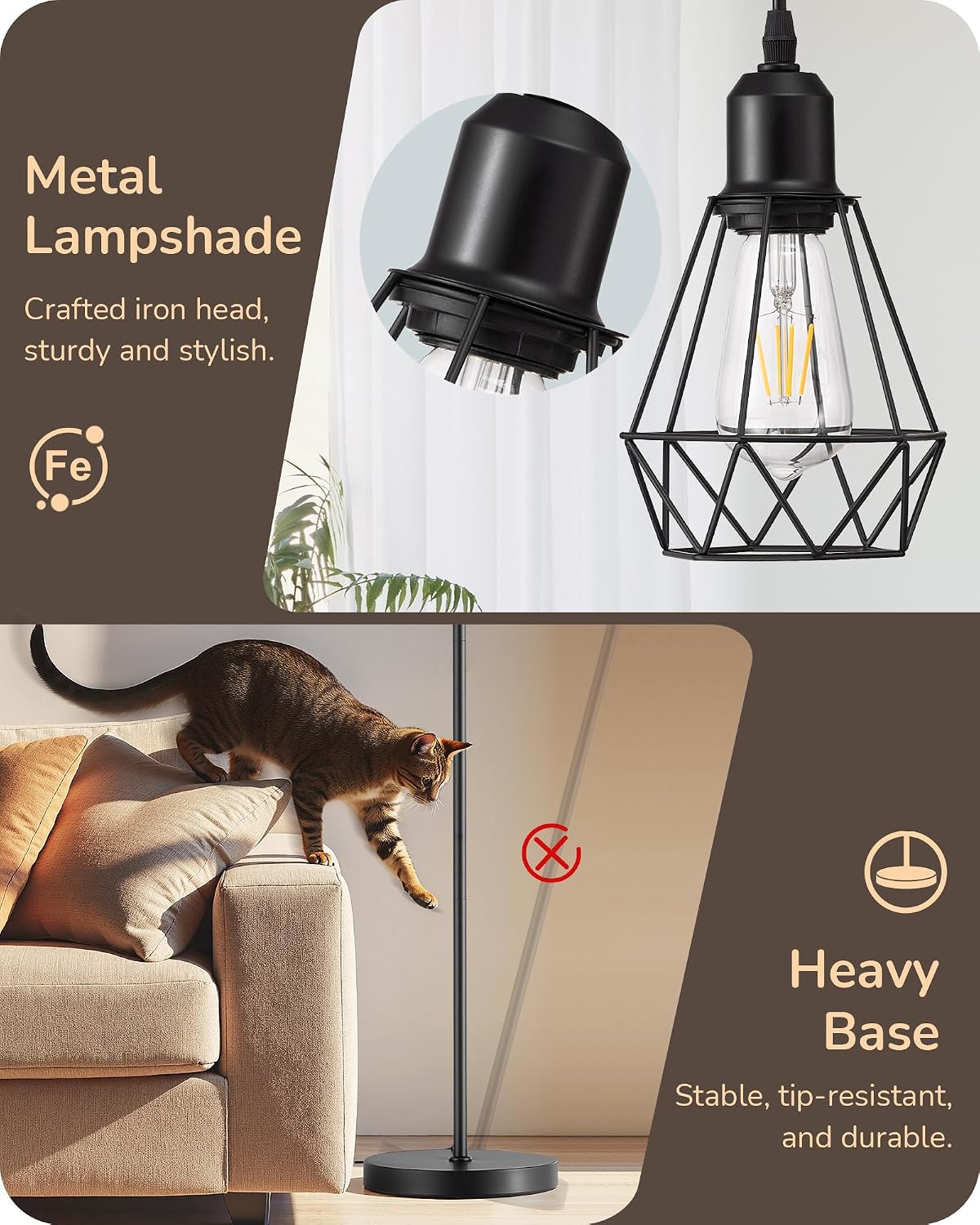 Edishine 70IN Farmhouse Floor Lamps for Living Room, Dimmable Industrial Tall Standing Lamps 3 LED Edison Bulbs Included, Diamond-Shaped Ca…