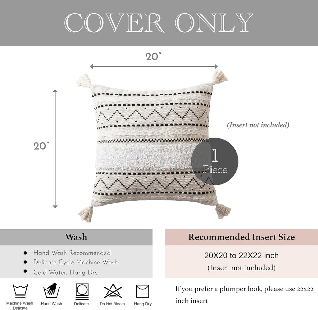 BlissBlush 20X20 Throw Pillow Cover, Cream Neutral Square Decorative Cushion Cover with Black Pattern, Boho Accent Pillowcase with Tufted…