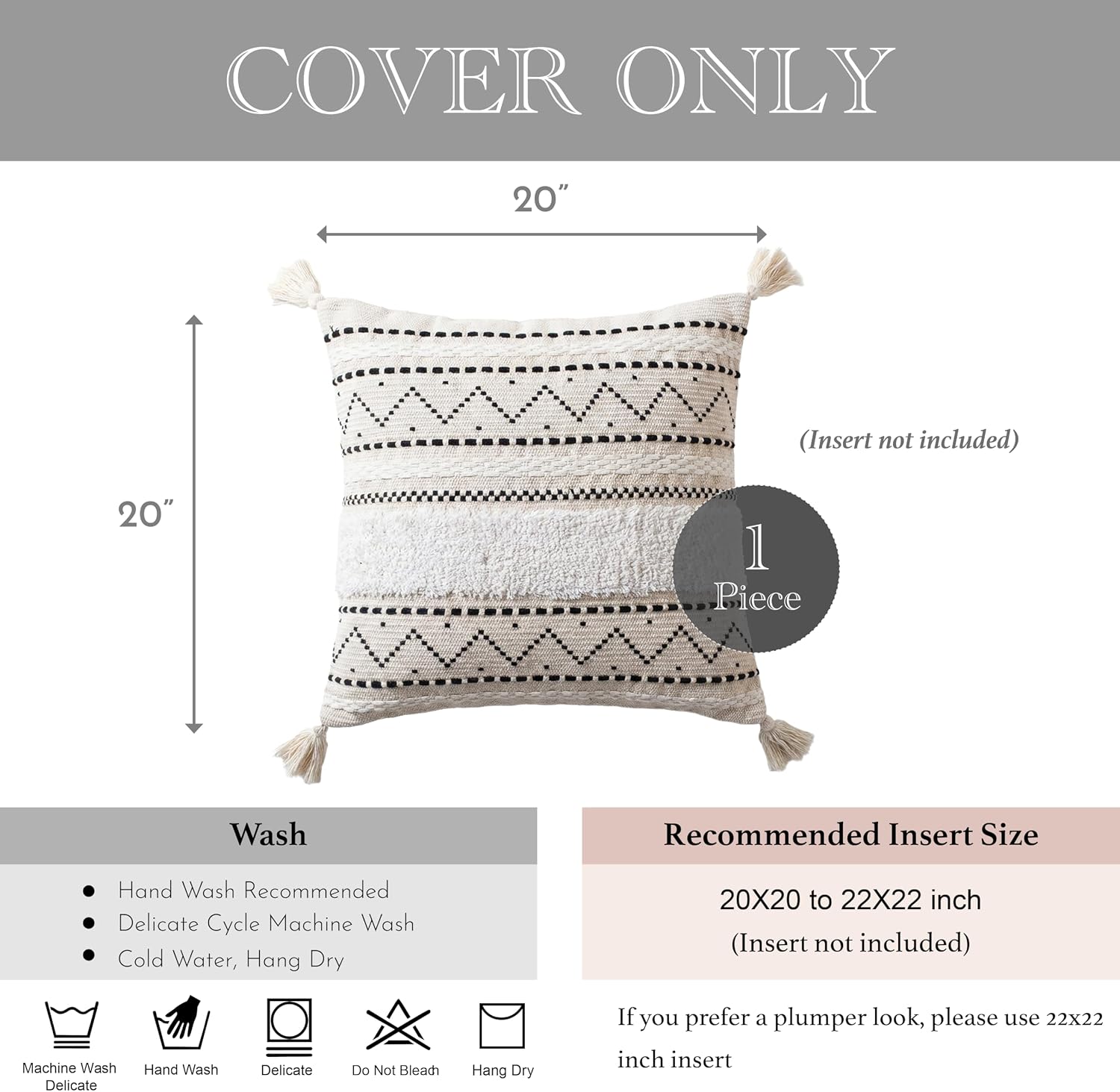 BlissBlush 20X20 Throw Pillow Cover, Cream Neutral Square Decorative Cushion Cover with Black Pattern, Boho Accent Pillowcase with Tufted…