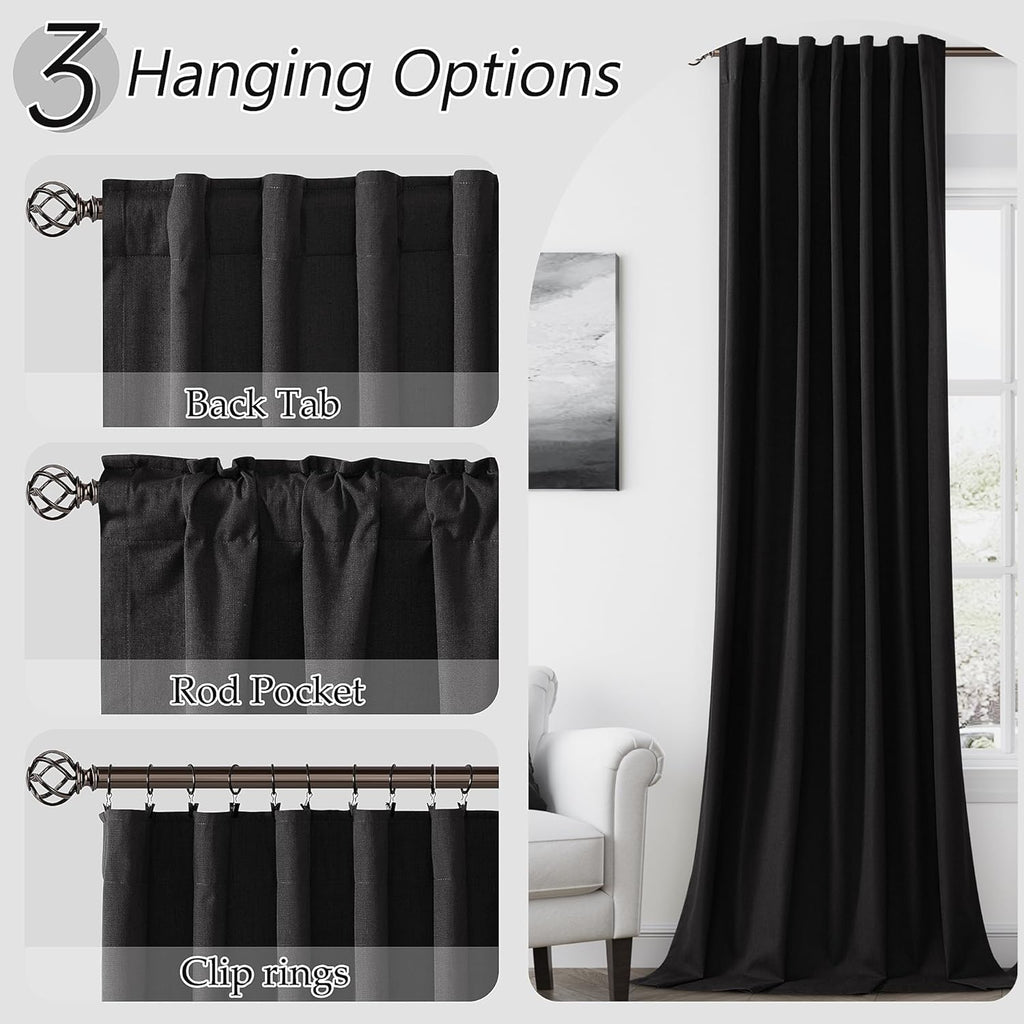 Guken Black 100% Blackout Curtains 84 Inch Length 2 Panels Set for Living Room Bedroom Back Tab Thermal Insulated Black Out Linen Drapes Ro…