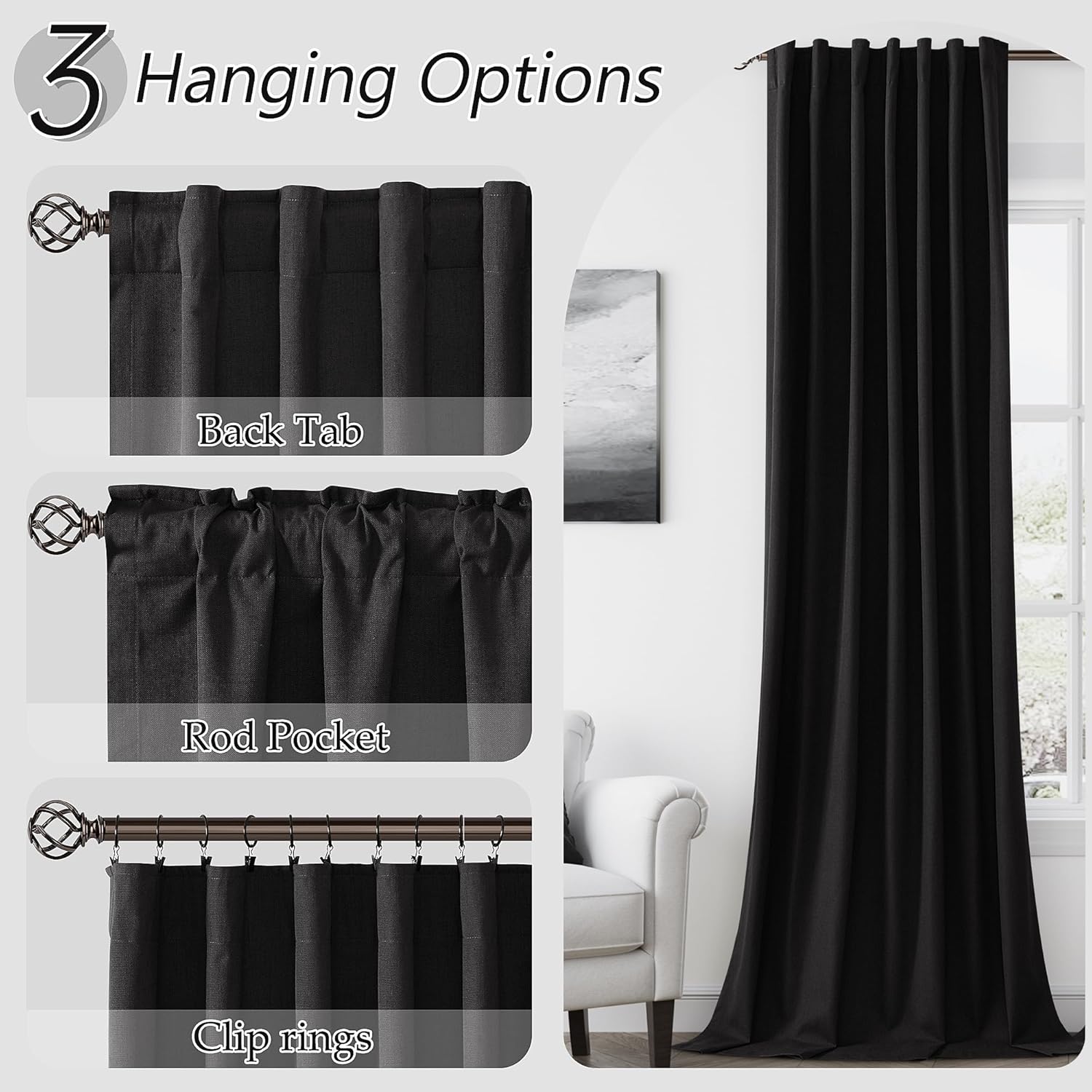 Guken Black 100% Blackout Curtains 84 Inch Length 2 Panels Set for Living Room Bedroom Back Tab Thermal Insulated Black Out Linen Drapes Ro…