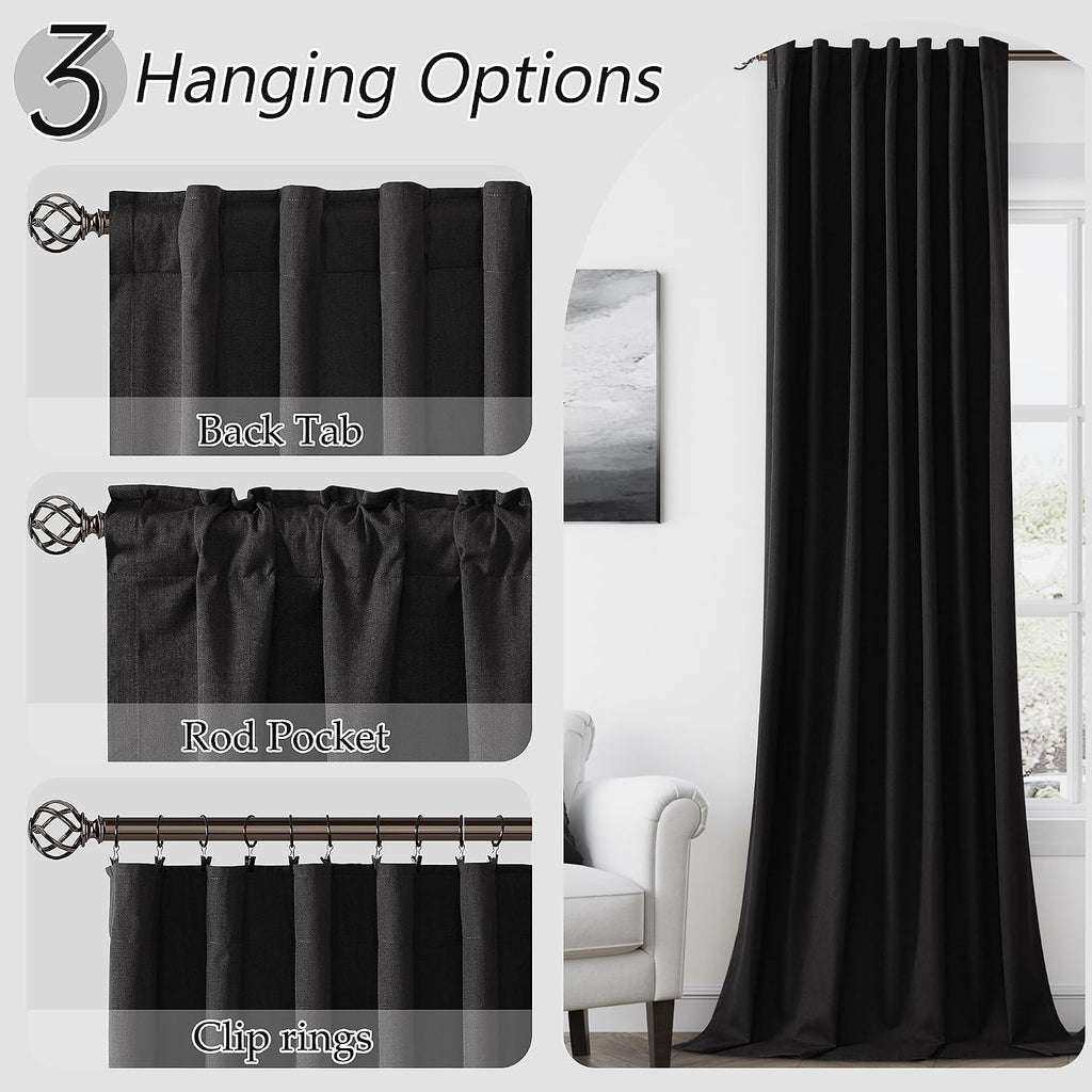 Guken Black 100% Blackout Curtains 108 Inch Length 2 Panels Set for Living Room Bedroom Back Tab Thermal Insulated Black Out Linen Drapes R…