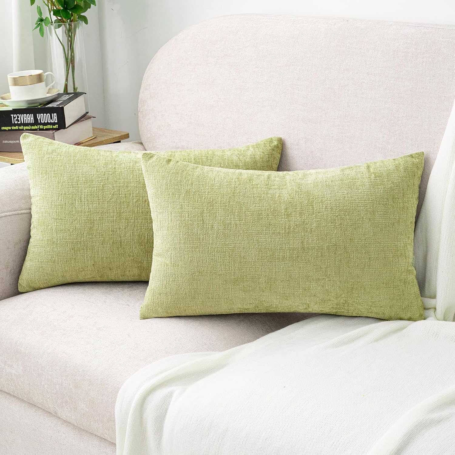 Hwy50 HWY 50 Spring Sage Green Lumbar Throw Pillow Covers 12x20 Inch Pack of 2, Soft Chenille Rectangle Decorative Cushion Cases for Couch…