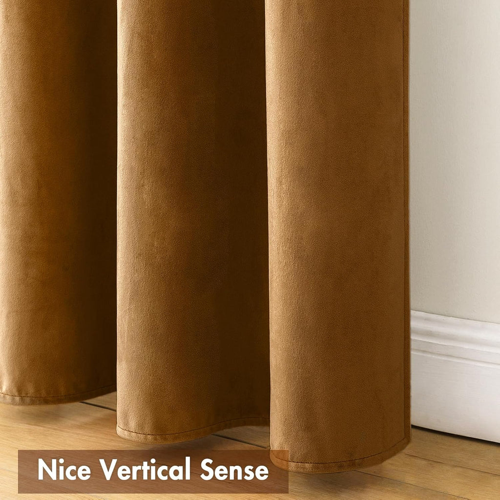 MIULEE Golden Brown Velvet Curtains Thermal Insulated Blackout Curtain Drapes for Bedroom Living Room Darkening 96 Inches Long Curtains…