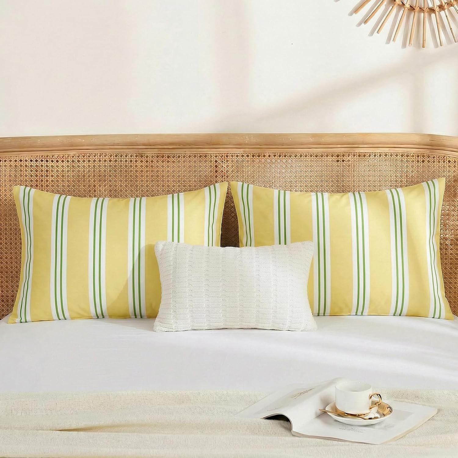 Merryword Standard Size Pillowcases, 100% Cotton Pillow Cases, Yellow and Green Striped Pillowcases, Soft Breathable Ribbon Stripe Pillow C…