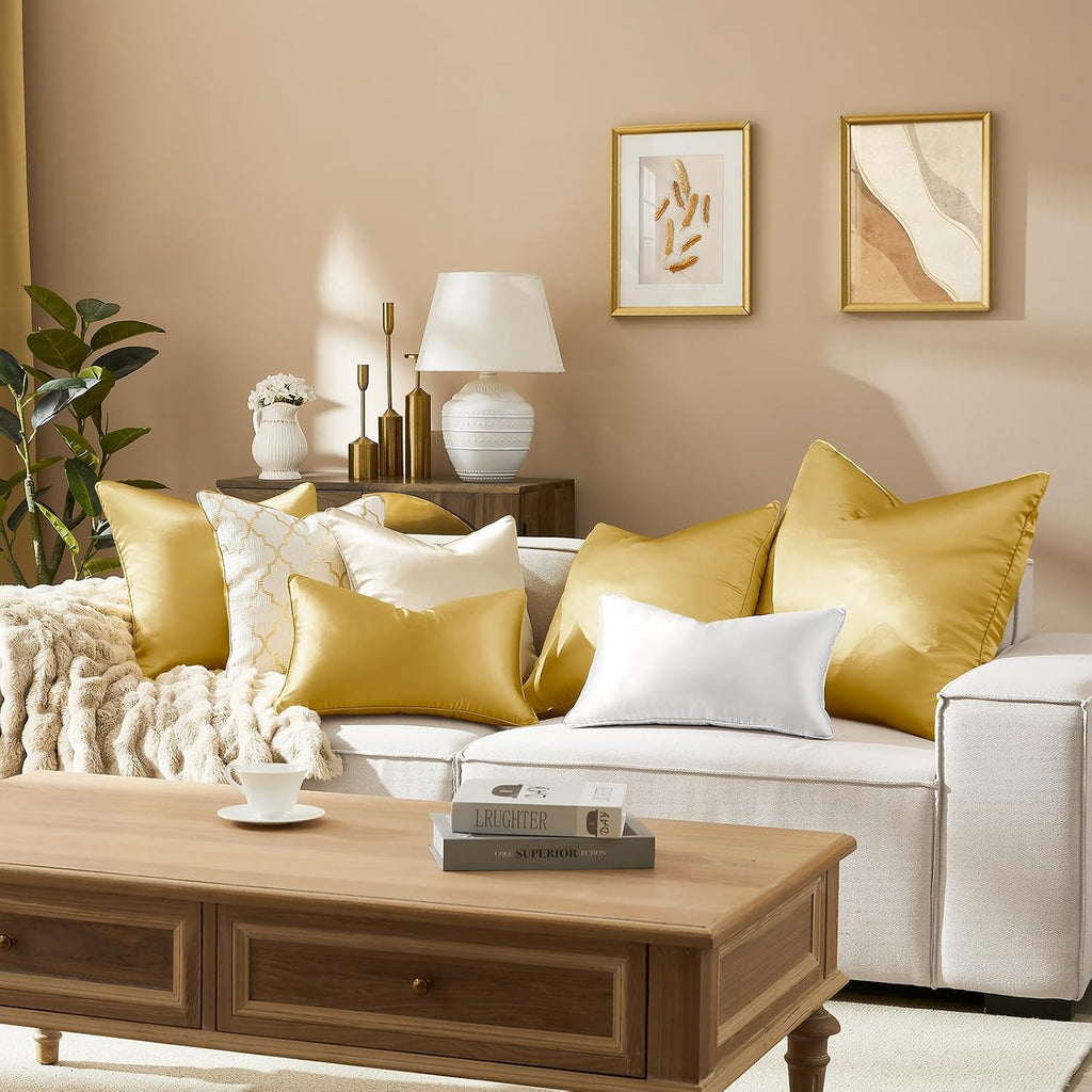 Homeideas Gold Decorative Throw Pillow Covers 18x18 Set of 2, Glossy Faux Silk Pillow Covers for Couch Sofa Bed Decor Luxury Euro Summer Cu…