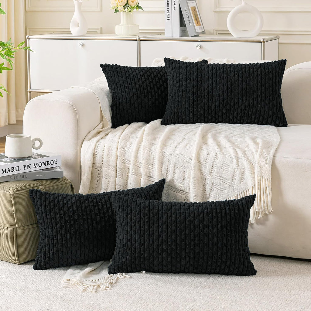 Cozoomy Set of 4 Black Decorative Throw Pillow Covers 12x20 Inch Corduroy Pillow Covers for Bed Couch Sofa Living Room Soft Cushion Cases 2…