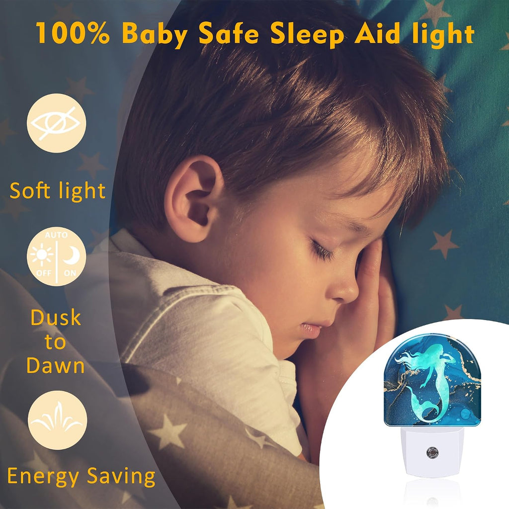 Watercolor Turquoise Mermaid Night Light for Kids, Navy Blue Golden Marble Night Light Plug in with Dusk to Dawn Sensor,0.5w Energy Saving…
