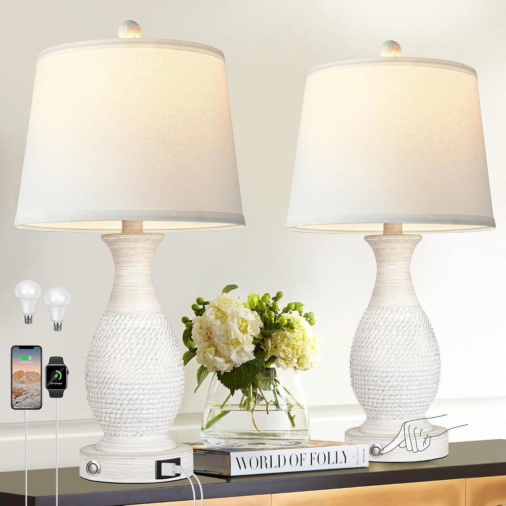 PARTPHONER Set of 2 Table Lamps with USB C+A Fast Charging Ports, 26" Tall Farmhouse Living Room Lamp with 3-Way Dimmable Nightstand Lamp…