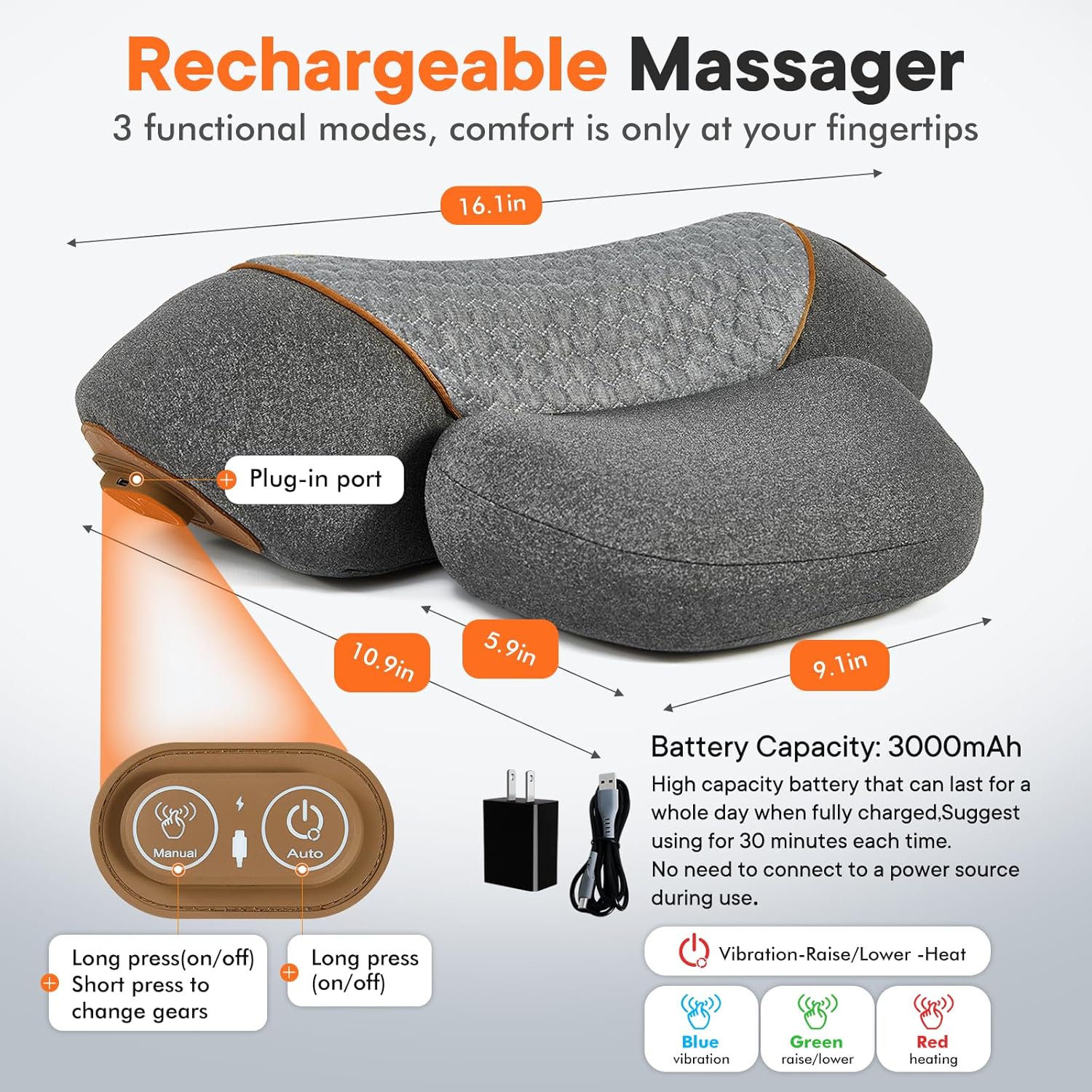 Walfite 3-in-1 Neck Massager Pillow with Heating & Cervical Traction, Ergonomic Cervical Pillow for Neck Back Shoulder, Rechargeable Neck…