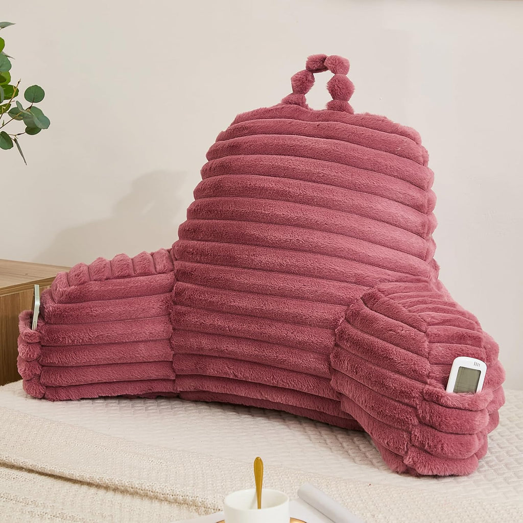 Memfydu Faux Fur Fluffy Dusty Rose Reading Pillow with Pockets, Luxury Striped Plush Decorative, Arm Rests and Back Support for Bed Rest, L…