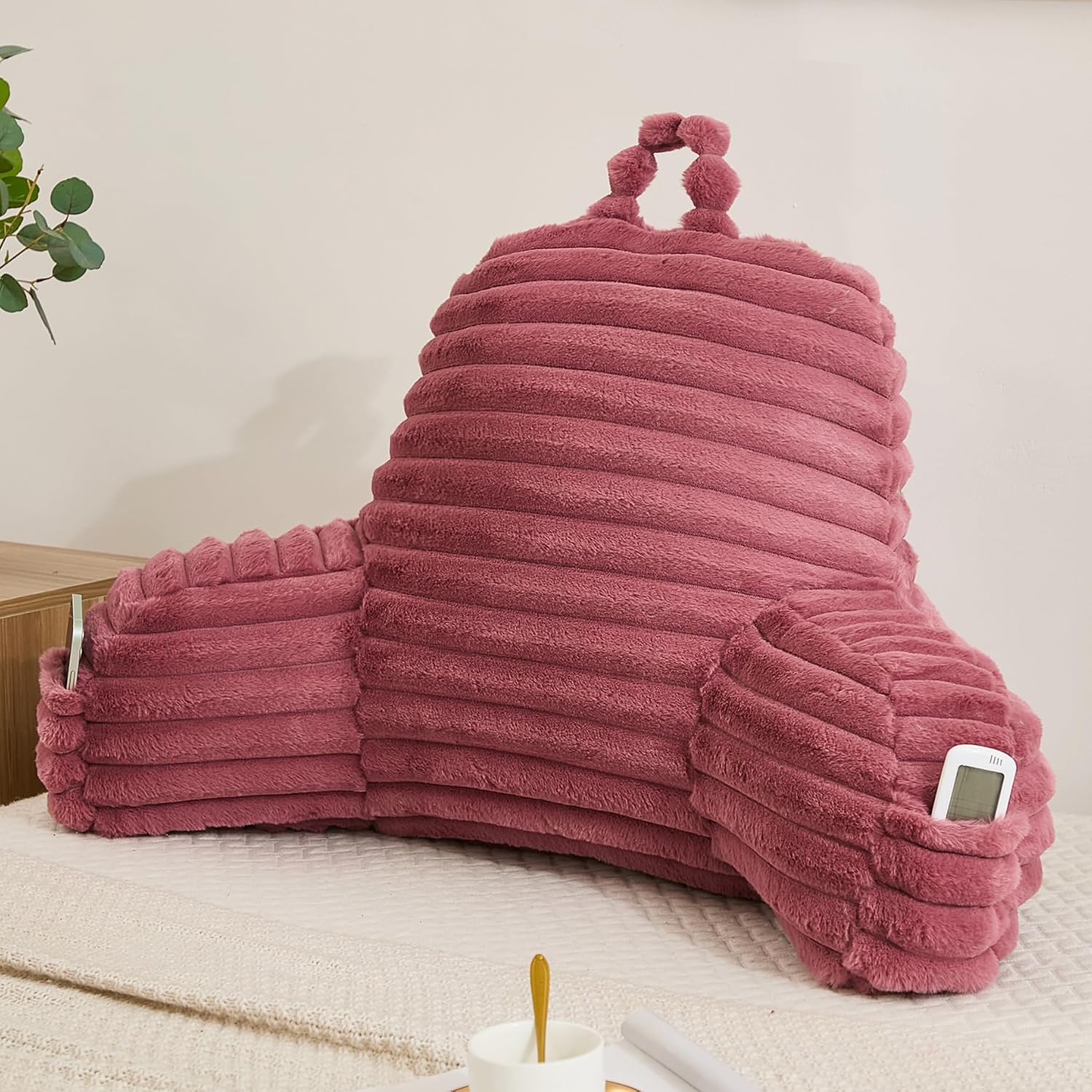 Memfydu Faux Fur Fluffy Dusty Rose Reading Pillow with Pockets, Luxury Striped Plush Decorative, Arm Rests and Back Support for Bed Rest, L…