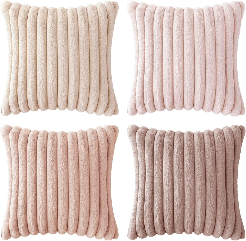 Miulee Faux Fur Plush Decorative Throw Pillow Covers 18x18 Set of 4, Valentine's Day Cute Modern Soft Romantic Fuzzy Striped Cushion Covers…