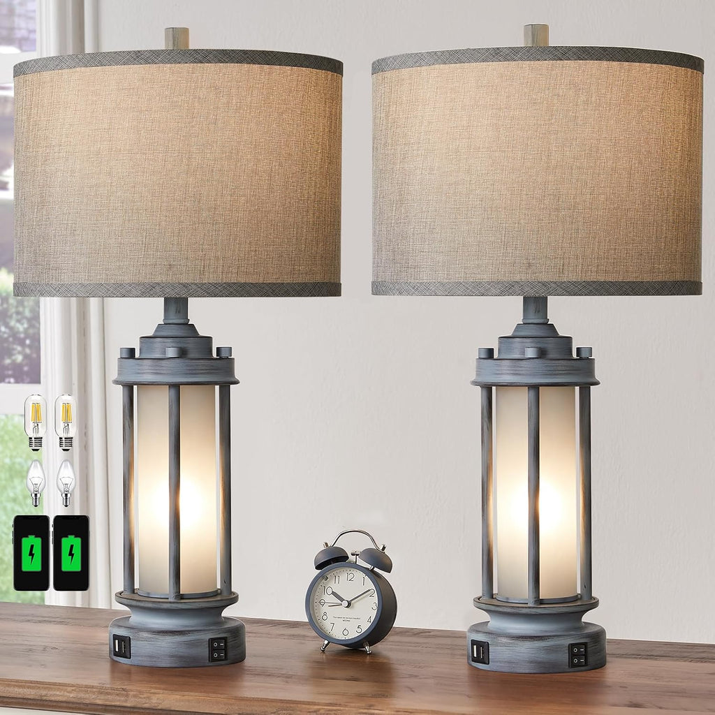 AIEAMPDO Set of 2 Rustic Table Lamps for Living Room, Farmhouse Vintage Nightstand Lamp with 2 USB Ports, Antique Retro Light Green Glass…