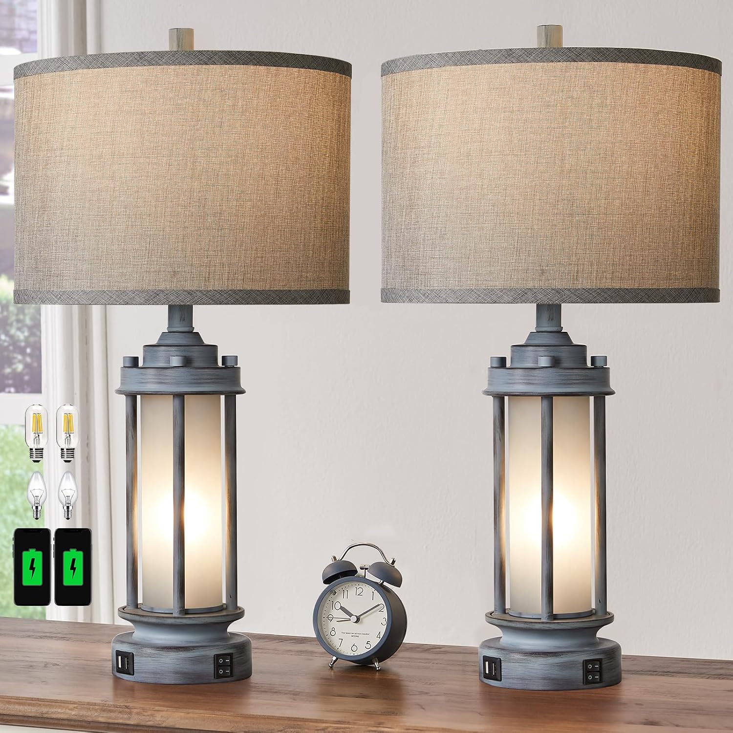 AIEAMPDO Set of 2 Rustic Table Lamps for Living Room, Farmhouse Vintage Nightstand Lamp with 2 USB Ports, Antique Retro Light Green Glass…