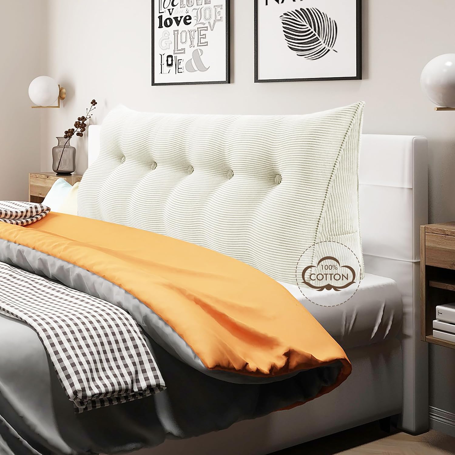 WOWMAX 100% Cotton Corduroy Headboard Pillow – Queen Size Back Support Reading Wedge for Bed & Daybed, Plush Handmade Bolster Cushion…