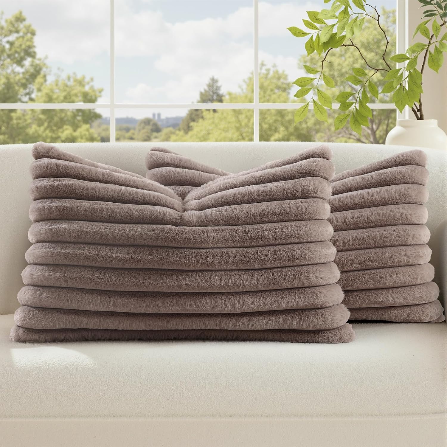 decorUhome Cozy Faux Fur Throw Pillow Covers 12x20 Set of 2 Decorative Soft Plush Striped Lumbar Modern Farmhouse Boho Couch Pillow Cases w…