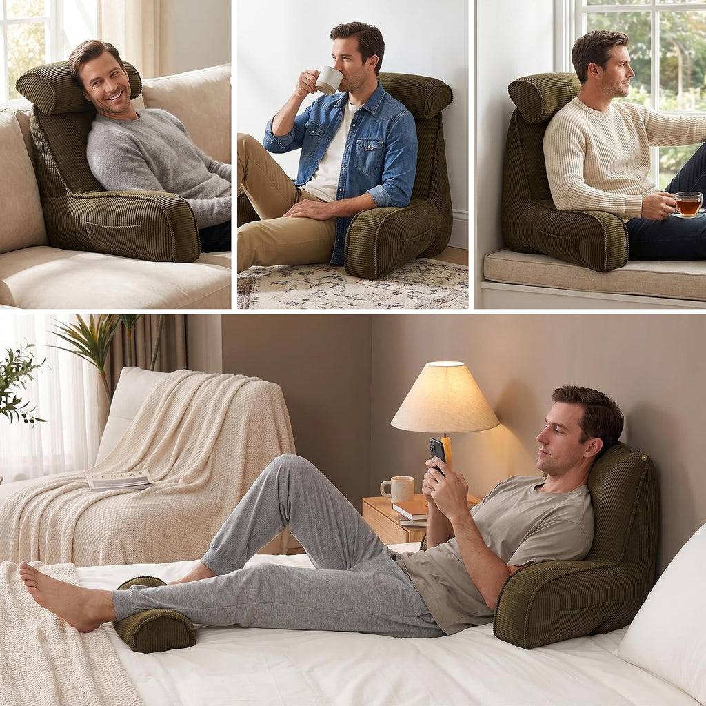 Ailuteie Bed Rest Reading Pillow with Arms & Detachable Headrest, Corduroy Backrest Cushion with Side Pockets & Washable Cover, Support for…