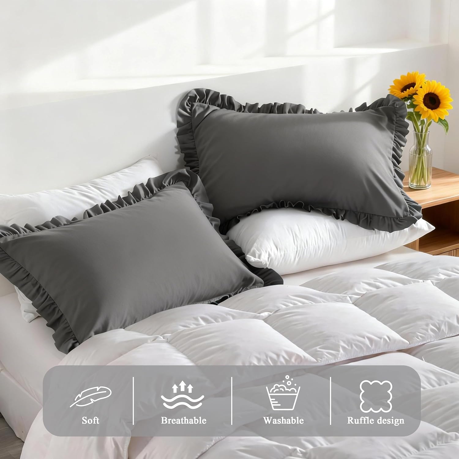 Aerlomi Ruffled Pillowcases, Queen Pillow Shams 20x30 Set of 2, Brushed Microfiber with Envelope Closure, Soft Wrinkle-Resistant, Da…