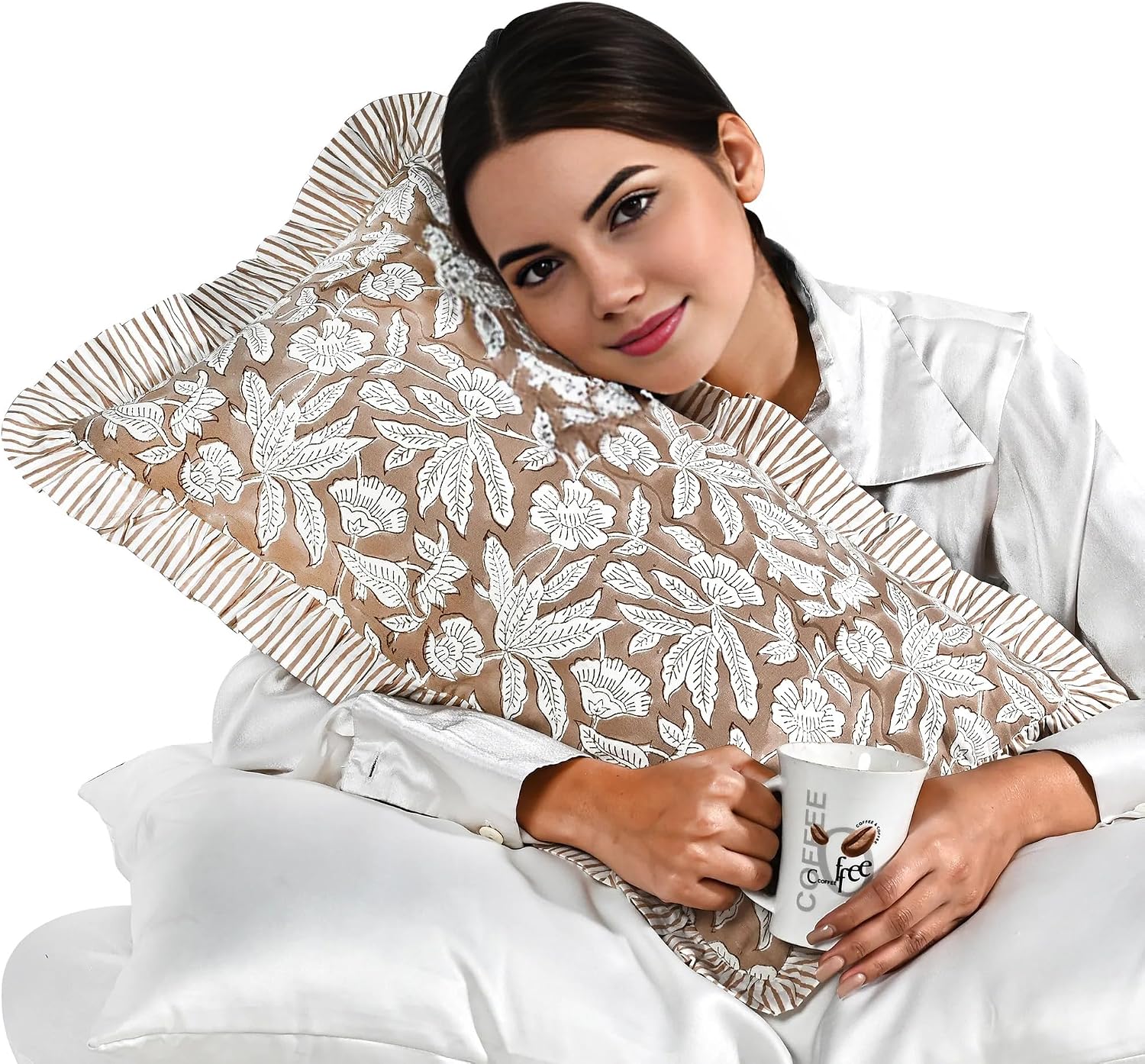 Ridhi Block Print Oak Brown 20"x12" Set 1-100% Cotton Ruffle Lumbar Sham Cover Boho Floral Pillowcase, Farmhouse Cottagecore Bedding…