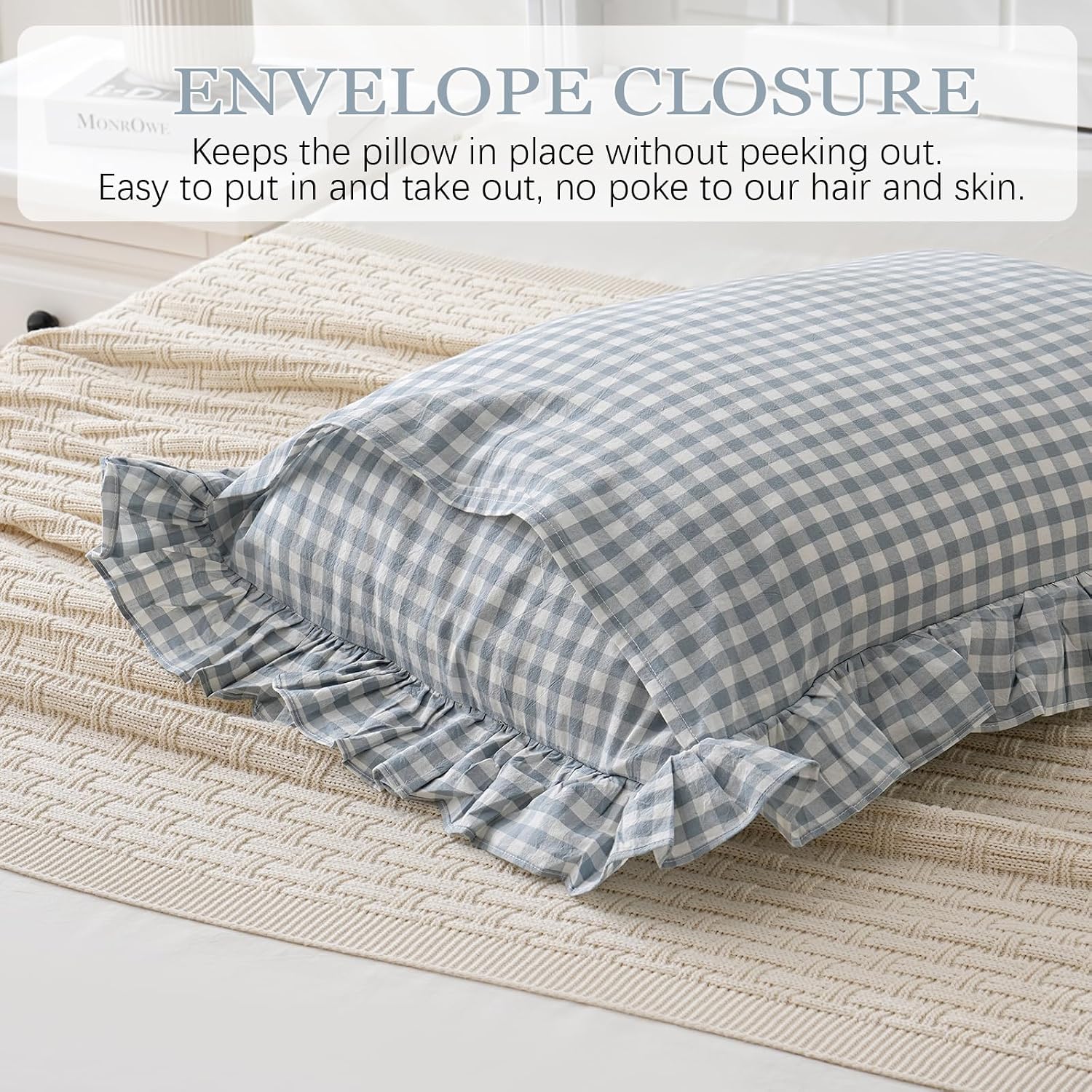 Qilunn Blue White Plaid Euro Pillow Shams Ruffle Pillowcases Set of 2, Shabby Checkered Washed Cotton Pillow Covers-26 x26, Blue/White Plaid…