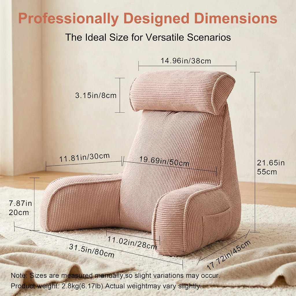 Ailuteie Reading Pillow for Sitting Up in Bed, Bed Rest Backrest Pillow with Arms, Corduroy Back Support Cushion with Side Pockets & Washab…