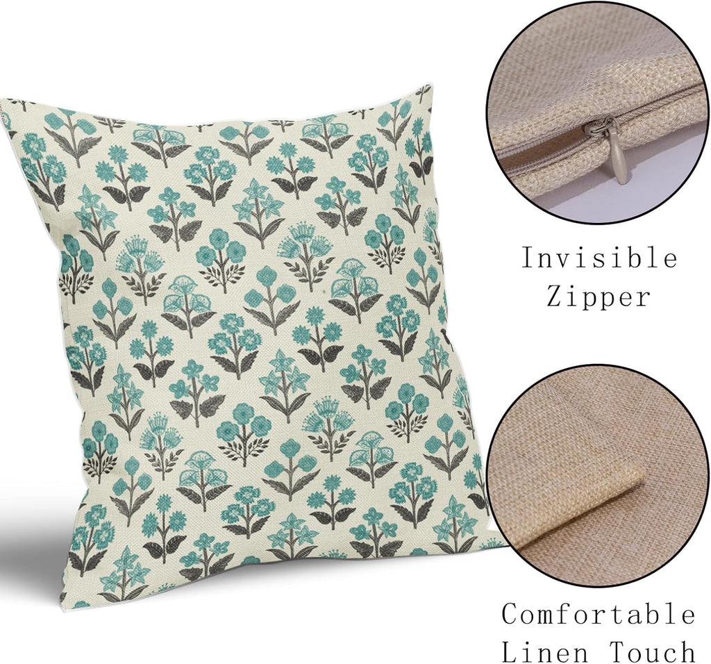 Black Teal Floral Pillow Covers 16x16 Inch Set of 2, Spring Summer Vintage Flower Block Print Pattern Decorative Throw Pillowcases…