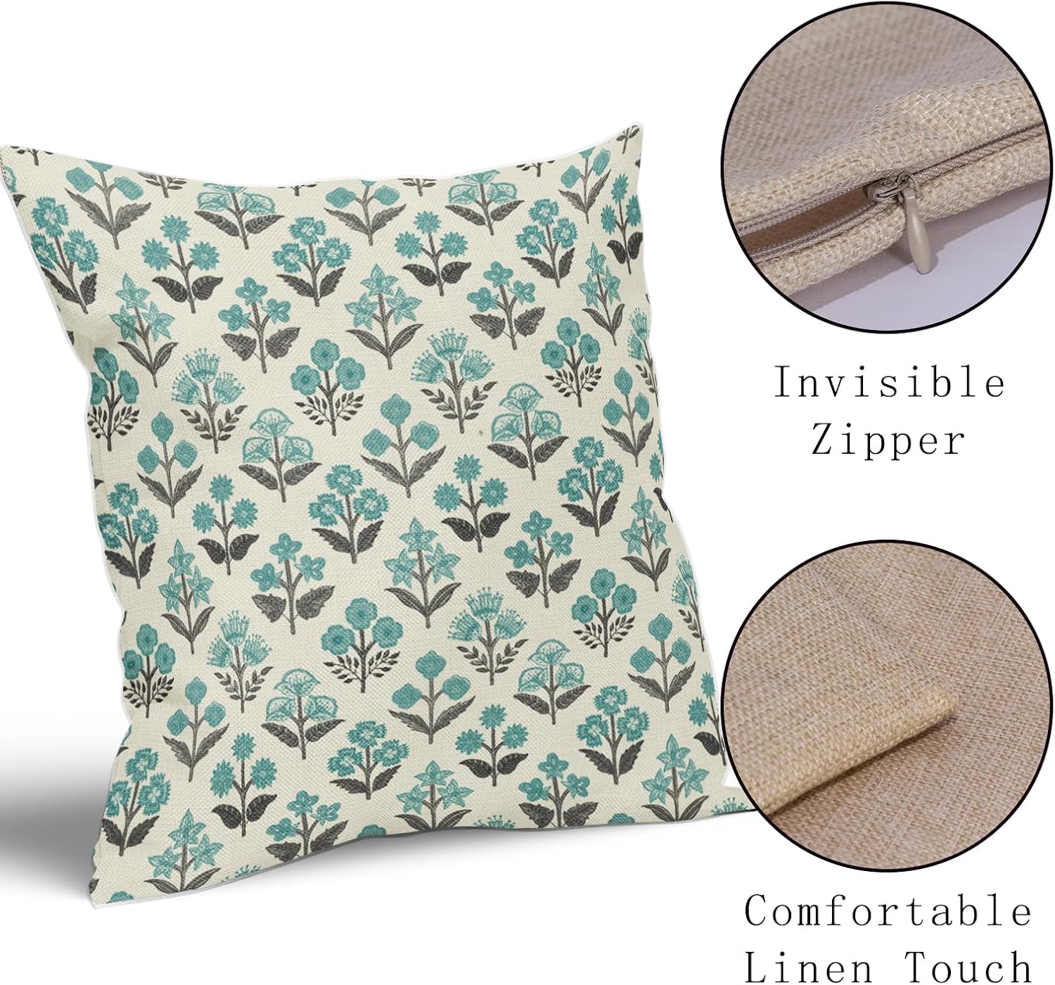 Black Teal Floral Pillow Covers 16x16 Inch Set of 2, Spring Summer Vintage Flower Block Print Pattern Decorative Throw Pillowcases…