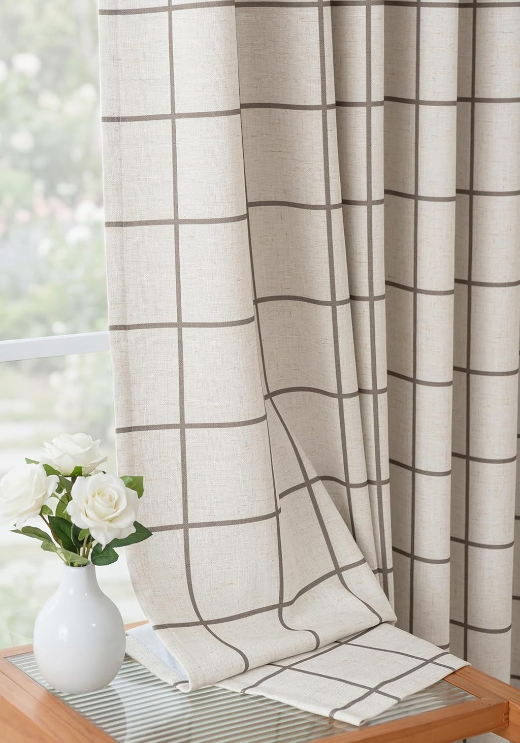 Threegirlshome THREE GIRLS Pinch Pleated Plaid Curtains Blackout Linen Gingham Brown Curtains for Living Room, Bedroom Checkered 102 Inches…
