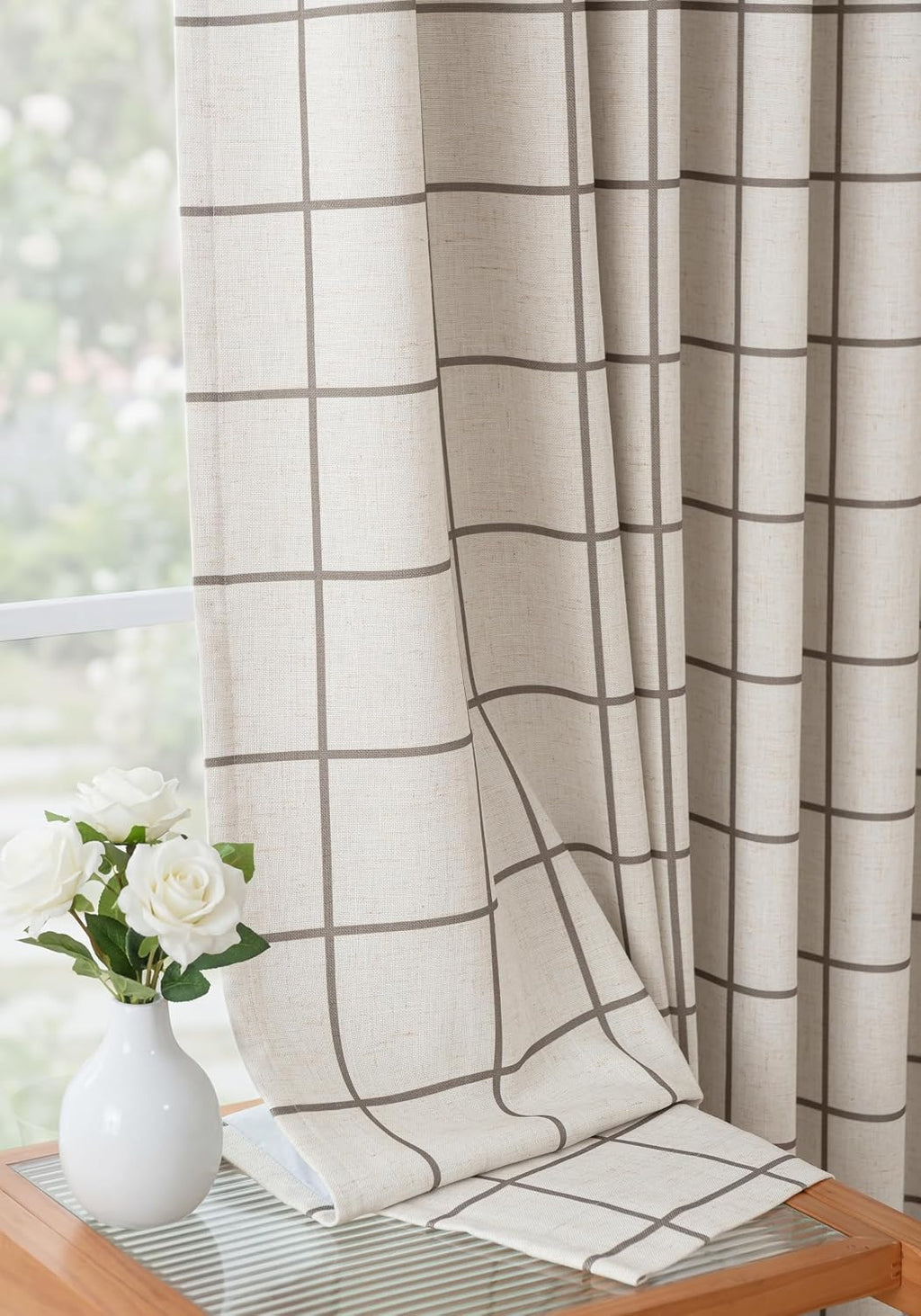 Threegirlshome THREE GIRLS Pinch Pleated Plaid Curtains Blackout Linen Gingham Brown Curtains for Living Room, Bedroom Checkered 120 Inches…