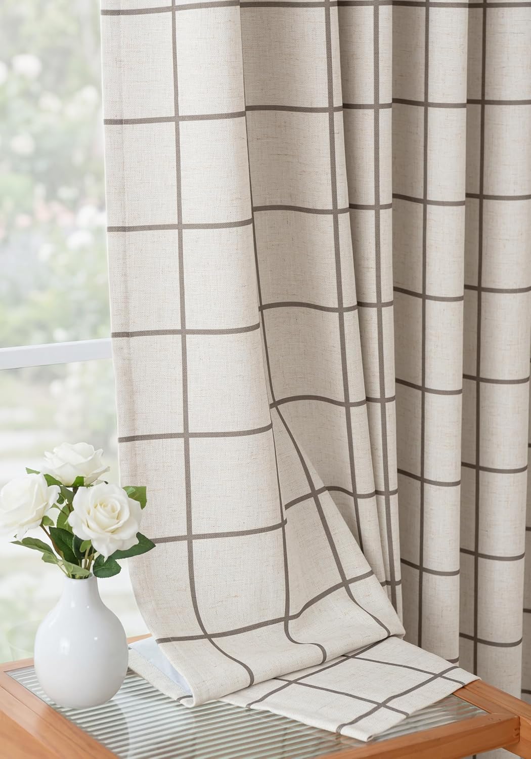 Threegirlshome THREE GIRLS Pinch Pleated Plaid Curtains Blackout Linen Gingham BrownCurtains for Living Room, Bedroom Checkered 108 Inches L…