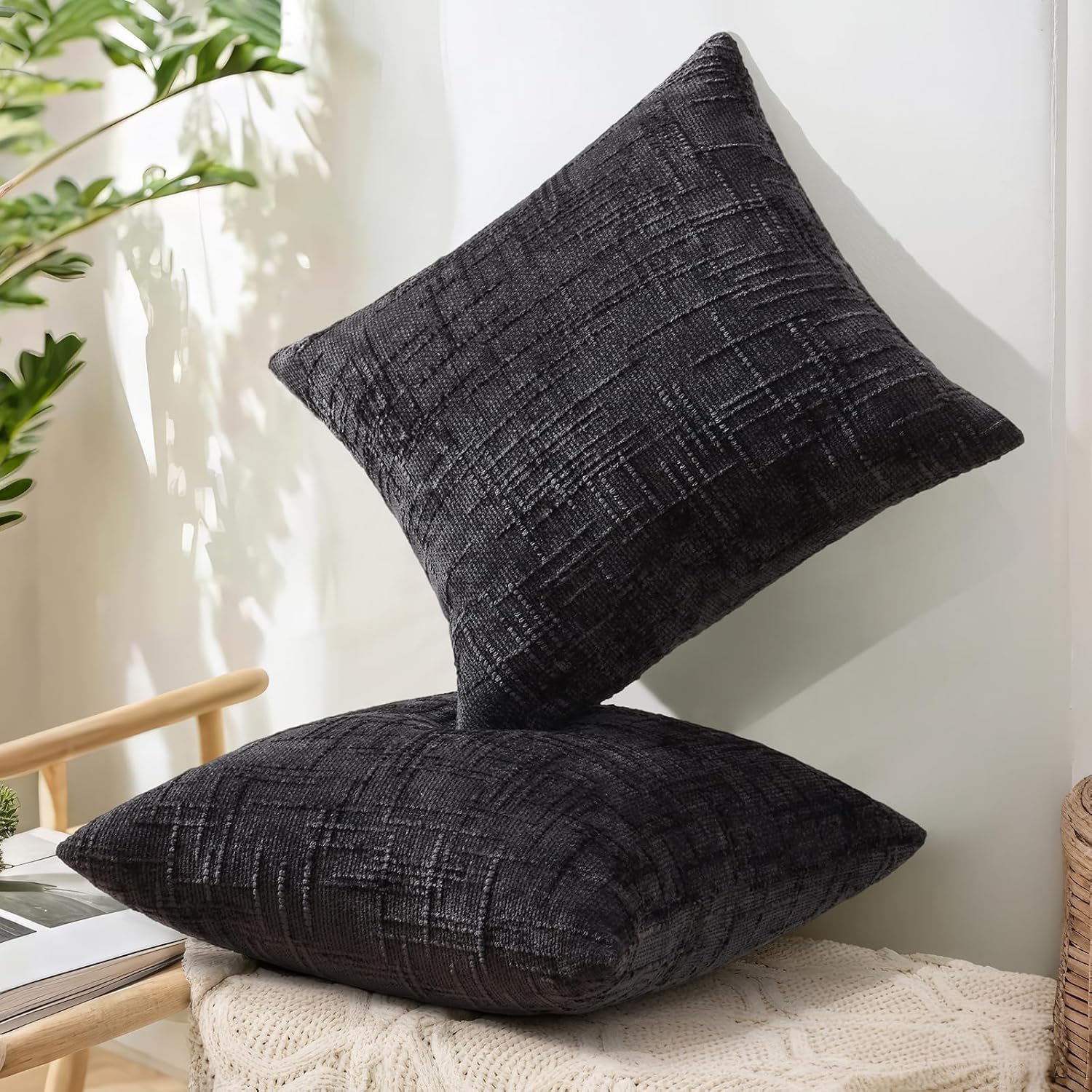 decorUhome Black Chenille Throw Pillow Covers 18x18 Set of 2 Textured Soft Cozy Slubby Couch Pillow Covers Modern Farmhouse Boho Decorative…
