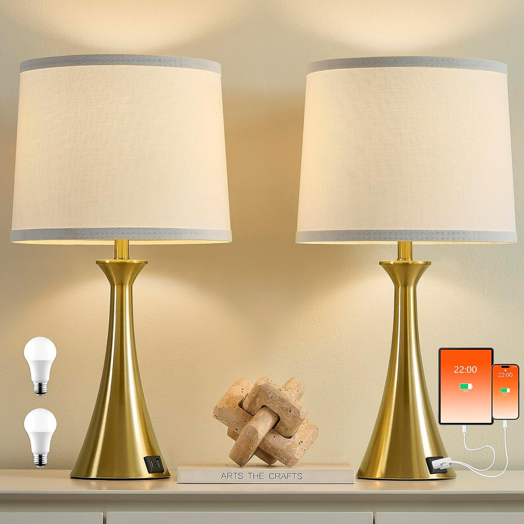 Touch Lamp for Living Room Bedroom, 21" Table Lamps Set of 2 with USB C+A Ports and White Lamp Shades, 3 Way Dimmable Gold Touch Bedside…