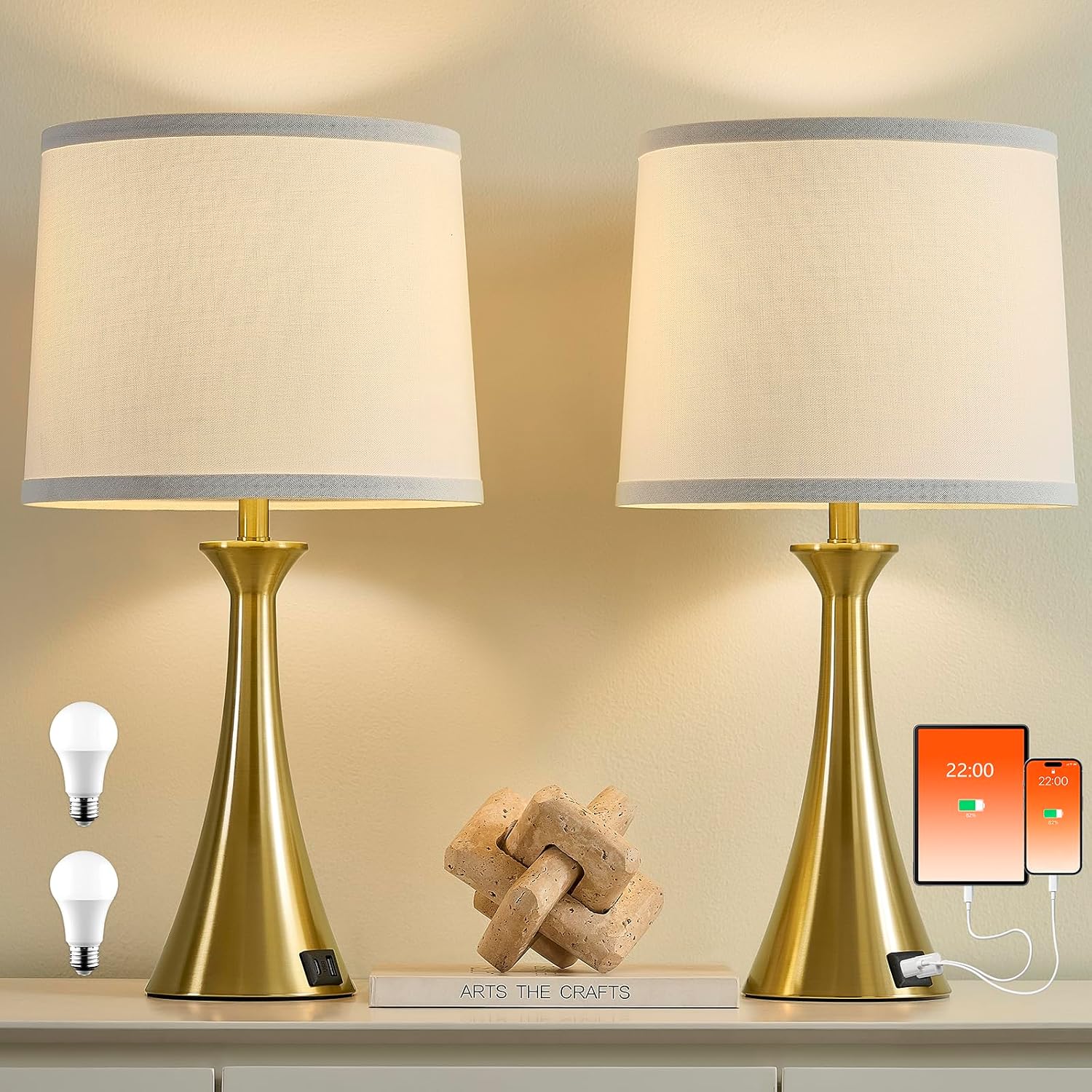 Touch Lamp for Living Room Bedroom, 21" Table Lamps Set of 2 with USB C+A Ports and White Lamp Shades, 3 Way Dimmable Gold Touch Bedside…