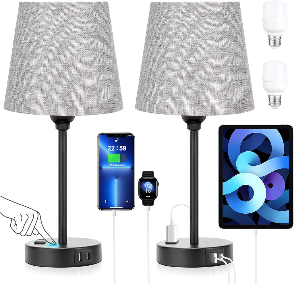 Grey Bedside Lamps for bedrooms Set of 2 - Nightstand Bedroom Lamp with USB C Port and AC Outlet Charging, 3 Way Dimmable Touch Control…