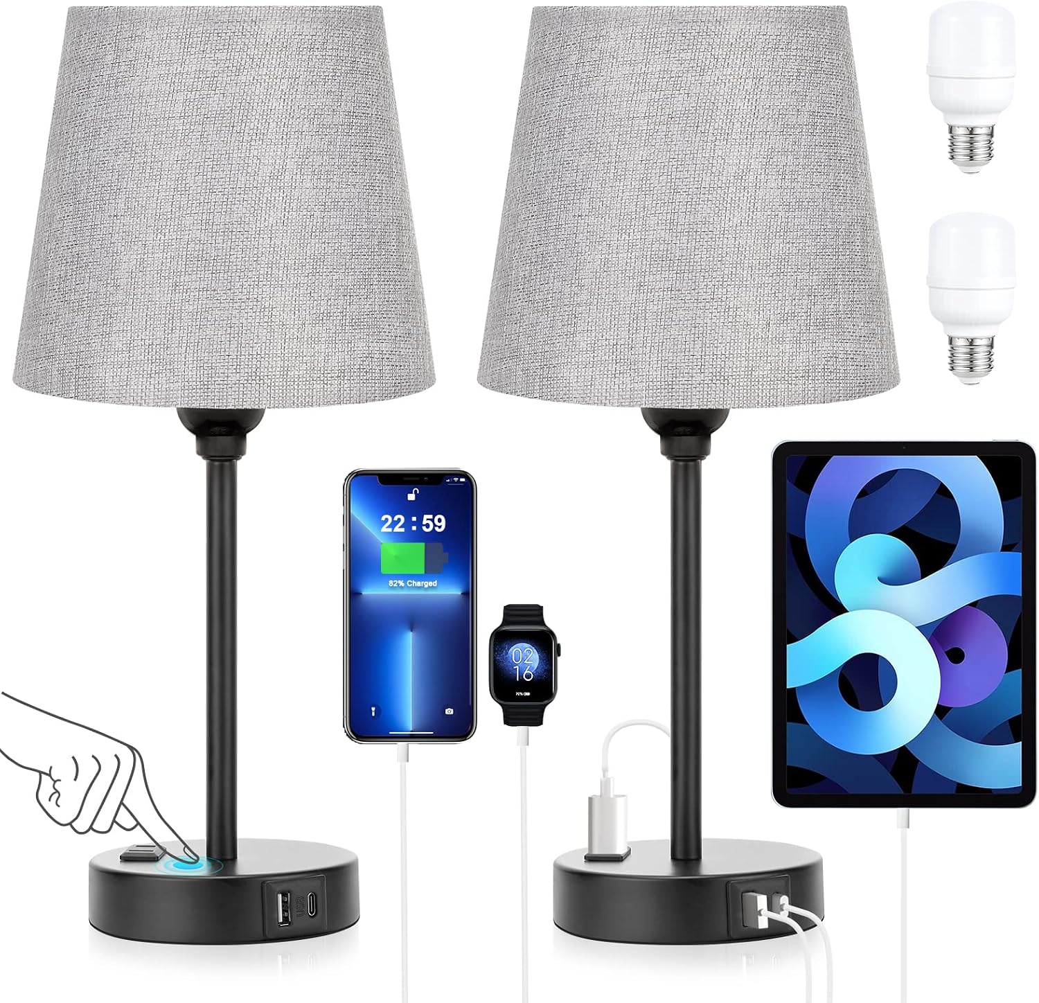 Grey Bedside Lamps for bedrooms Set of 2 - Nightstand Bedroom Lamp with USB C Port and AC Outlet Charging, 3 Way Dimmable Touch Control…