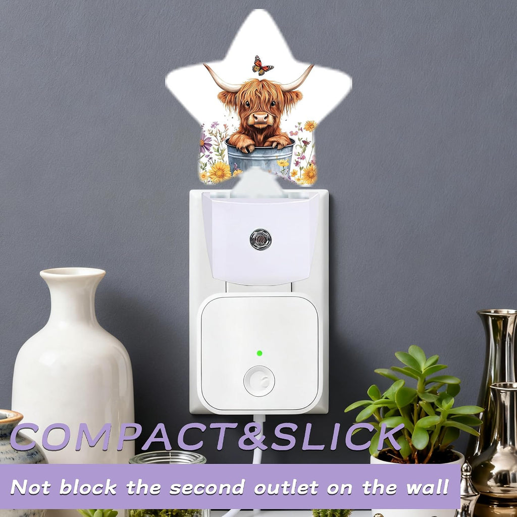 Night Light, Highland Cow Night Lights Plug into Wall Butterfly Flowers Decorations for Bedroom Bathroom, Dusk to Dawn Sensor Kitchen…