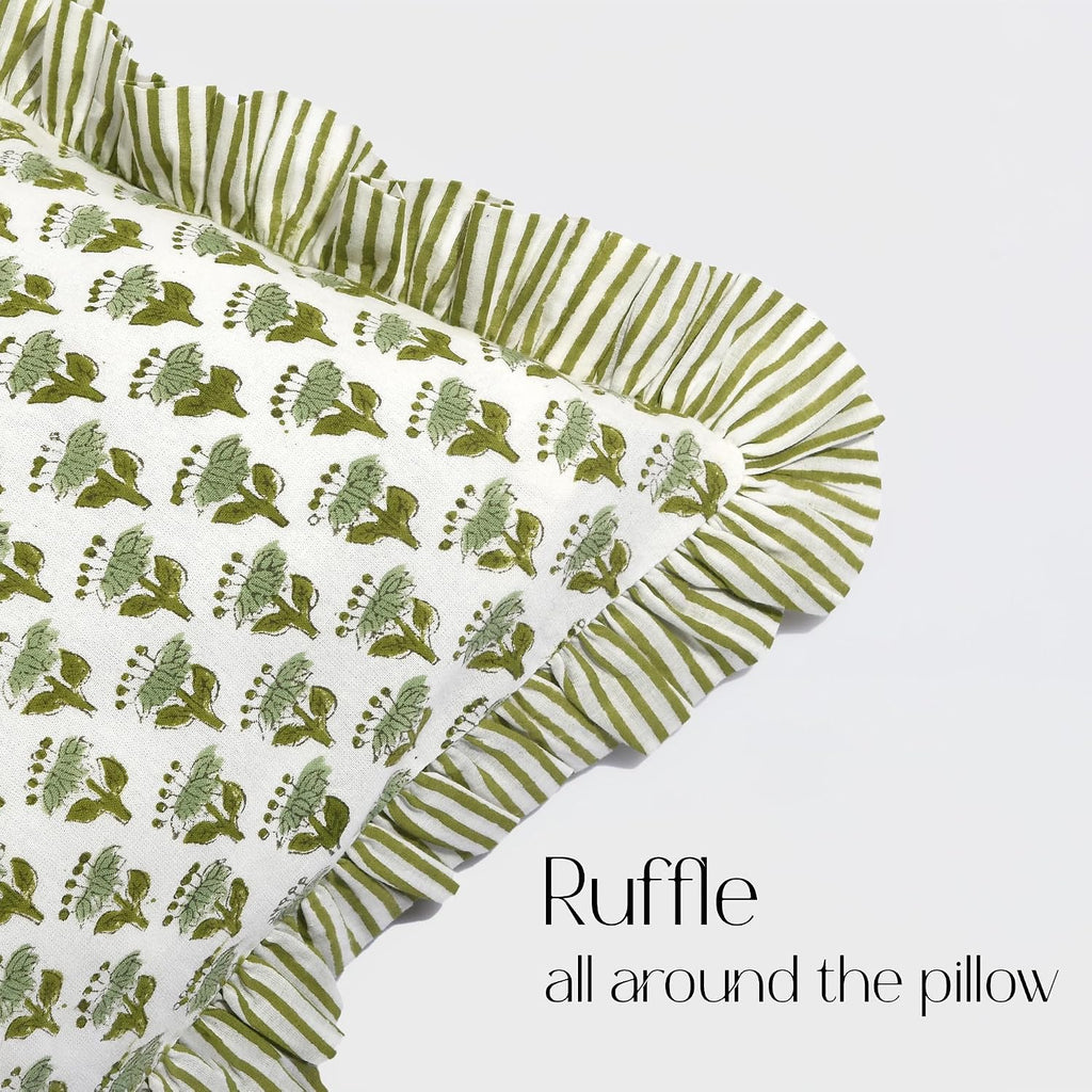 Cottonprintclub CPC Hand Block Print Emerald Green Ruffle Sham Pillow Cover 36" x 14" inch Hidden Zipper Decorative Pillowcase for Couch, B…