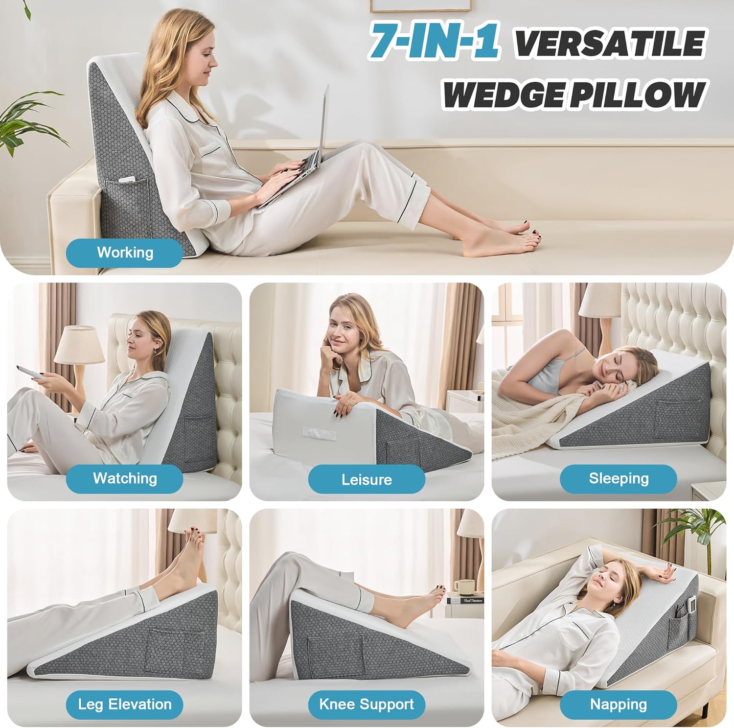 Paxato 7.5 Inch Wedge Pillow for Sleeping - Bed Wedge for Headboard Triangle Pillow, Memory Foam Wedges for Acid Reflux, GERD, Snoring, Pos…