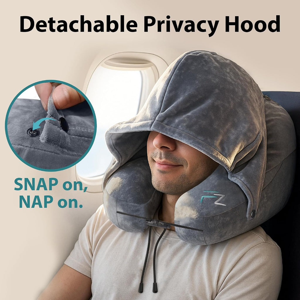 FLOWZOOM Air Inflatable Neck Pillow for Traveling on Plane - H-Shape Hooded Travel Pillow with 5 Snooze Modes, Fast Inflation, Pressure…