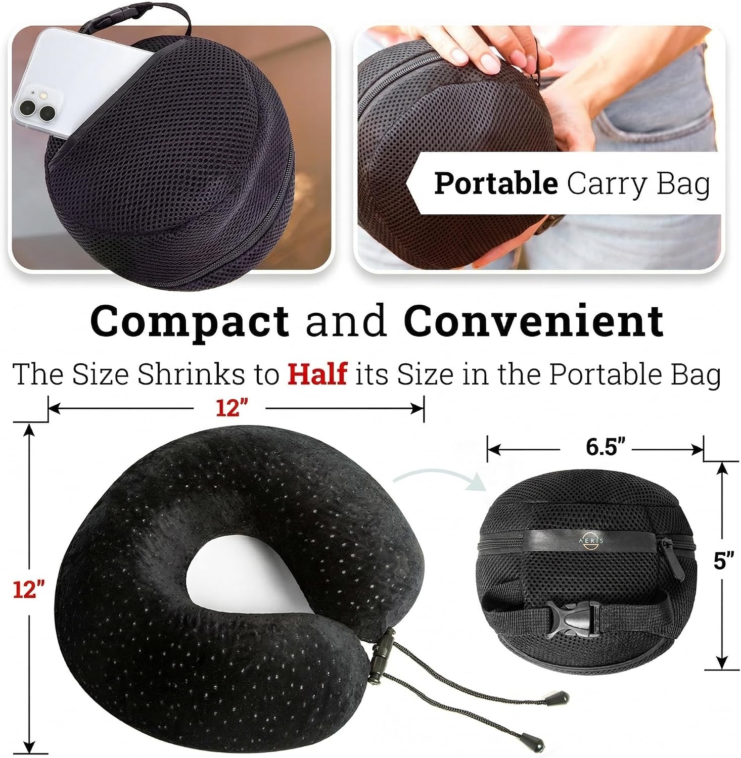 Aeris Memory Foam Travel Pillow for Airplanes - Adjustable Neck Pillow for Long Flights - Carry Bag, Ear Plugs and Eye Mask Included…