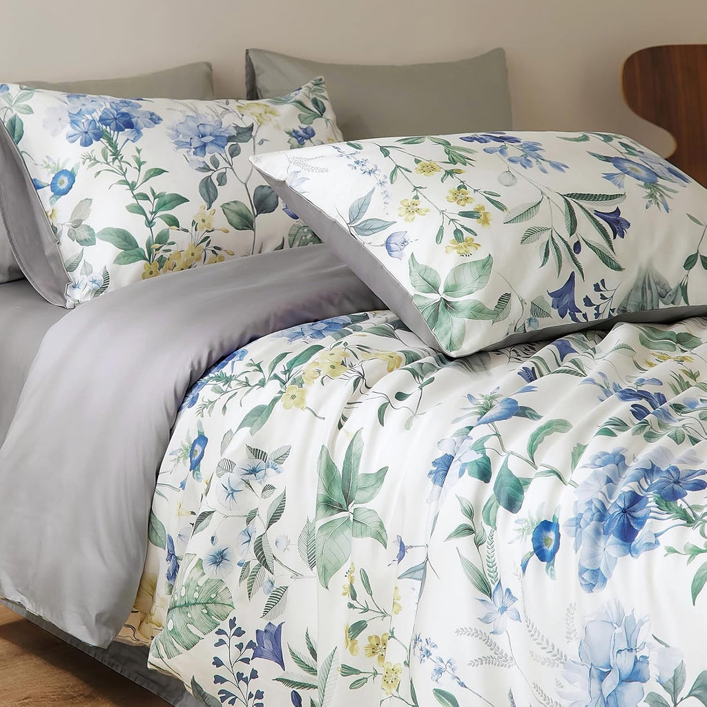 mixinni Reversible Floral Duvet Cover Set King Size, 3 Piece Blue Green Botanical Bedding Set with Zipper Closure & 4 Corner Ties, Farmhous…
