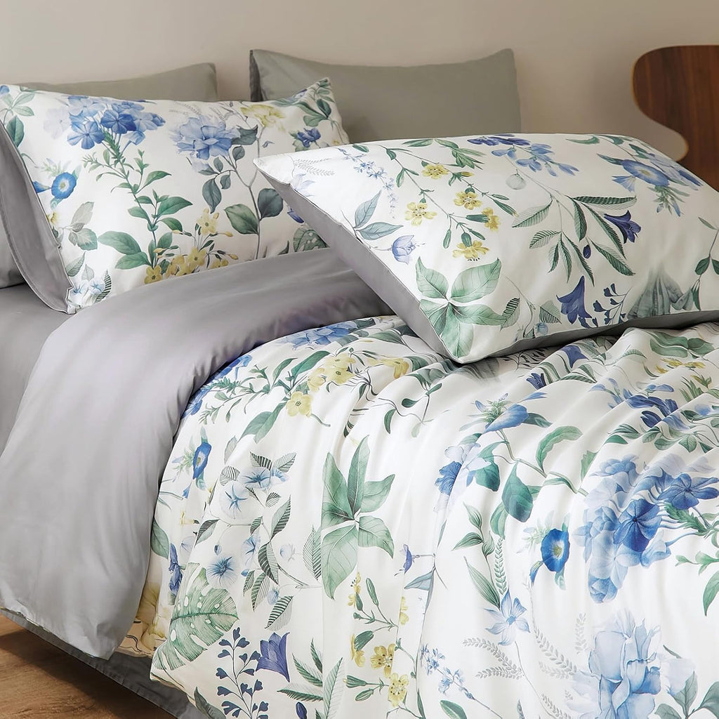 mixinni Reversible Floral Duvet Cover Set Queen Size, 3 Piece Blue Green Botanical Bedding Set with Zipper Closure & 4 Corner Ties, Farmhou…