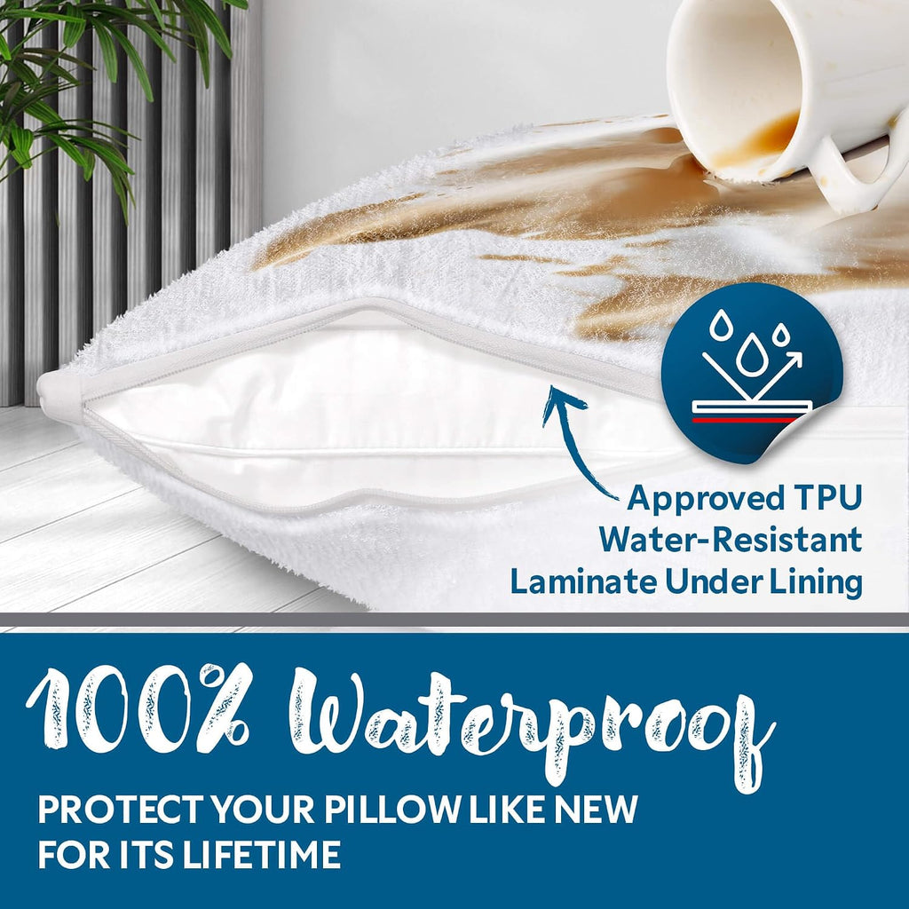 Guardmax Terry Cotton Pillow Protector with Zipper Standard Size - 2 Pack -100% Waterproof, Bed Bug Proof, Dust Mite Proof, & Hypoallergeni…