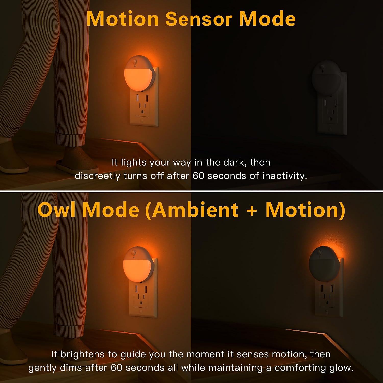 YUNLEX 2 Pack Plug in Sleep Night Light with Motion Sensor and Dusk to Dawn Sensor, 3 Modes, Soft Glow, Stepless Dimming, LED Lights for…
