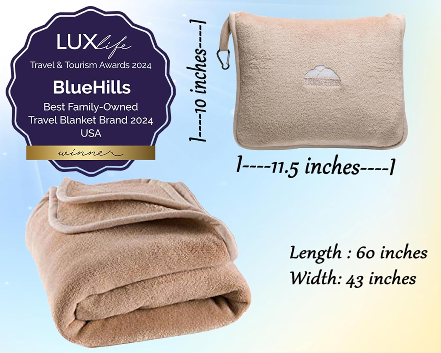 BlueHills Premium Soft Travel Blanket Pillow Airplane Blanket Packed in Soft Bag Pillowcase with Hand Luggage Belt Backpack Clip Compact…