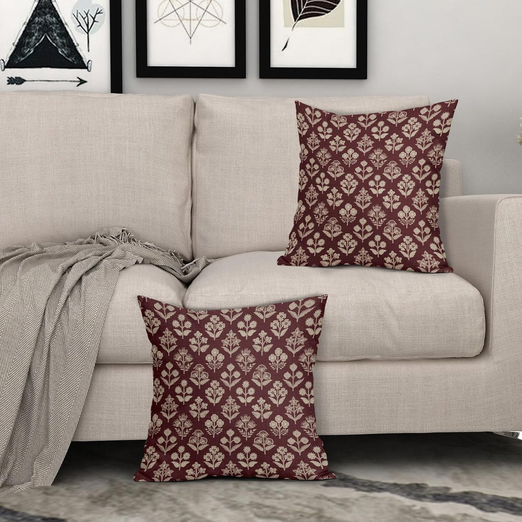 Burgundy Red Floral Block Print Pillow Covers 20x20 Inch Set of 2, Vintage Flower Pattern Decorative Throw Pillowcases Outdoor Farmhouse…