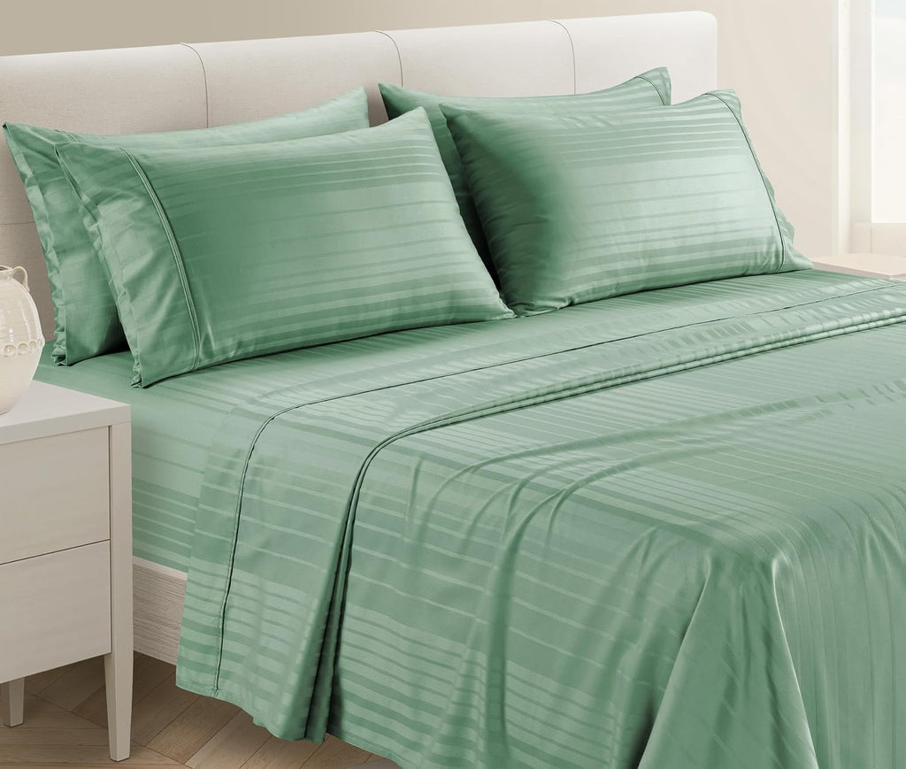 Casa Platino 100% Cotton Sheets King Size Set - 6 Pcs (1 Flat, 1 Fitted, 4 Pillowcases) - Striped 500 TC - Ultra Smooth Sateen Weave Bed…