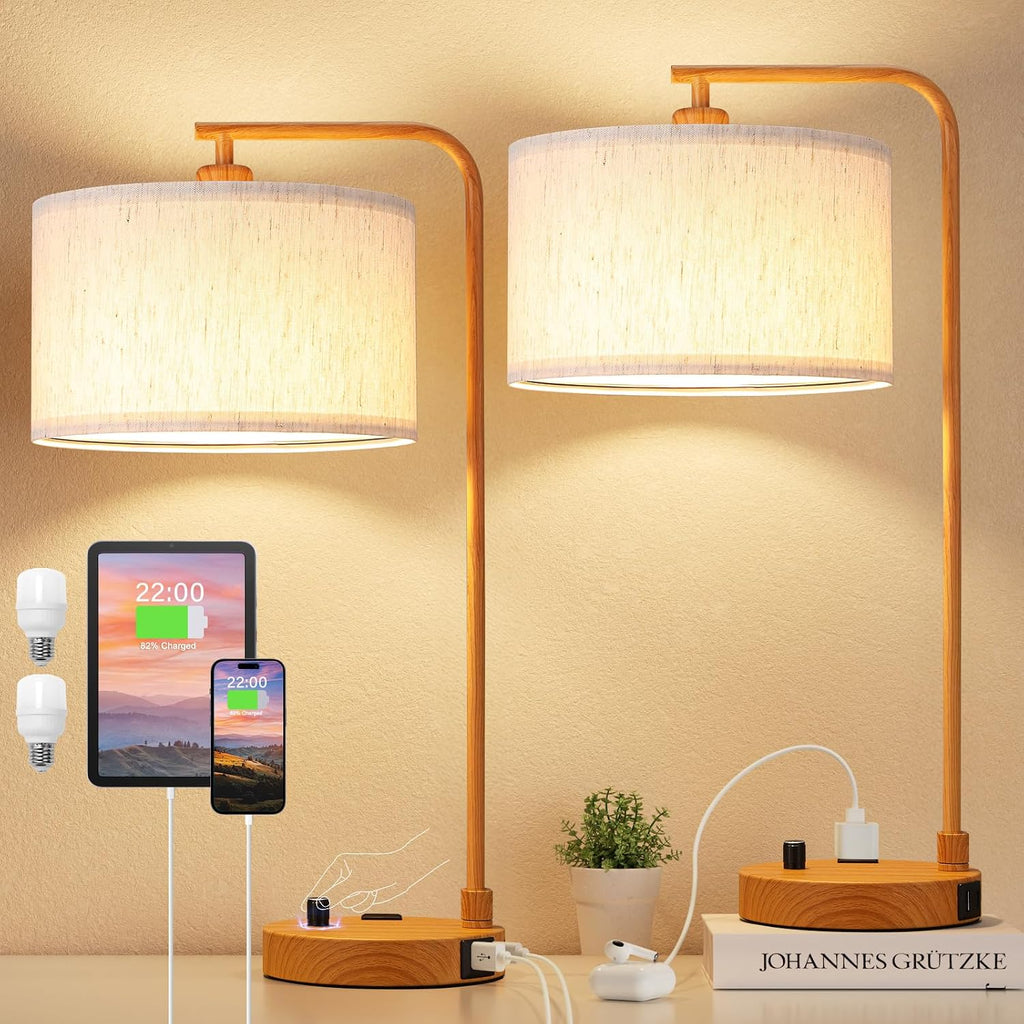 Innqoo Bedside Table Lamps for Bedroom Set of 2-Dimmable Nightstand Lamps with USB Port and Outlet, Modern Wood Lamps with Linen…